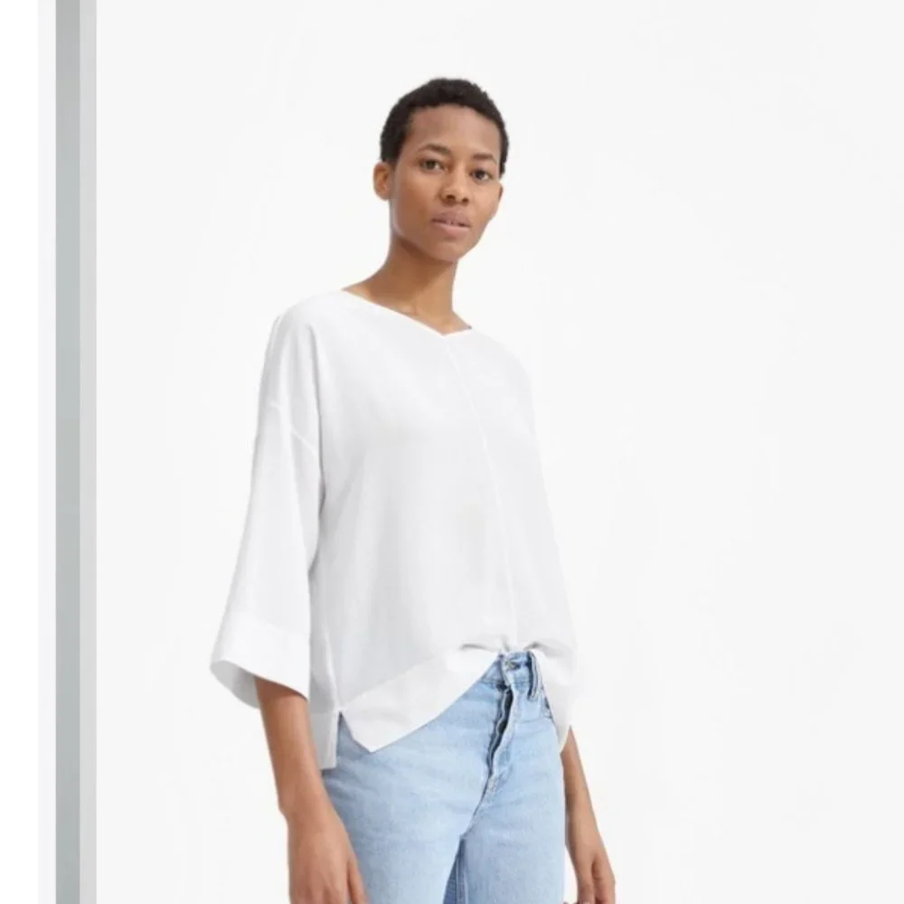 Everlane The Clean Silk V Neck ¾ Sleeve Blouse 6 - Picture 1 of 11
